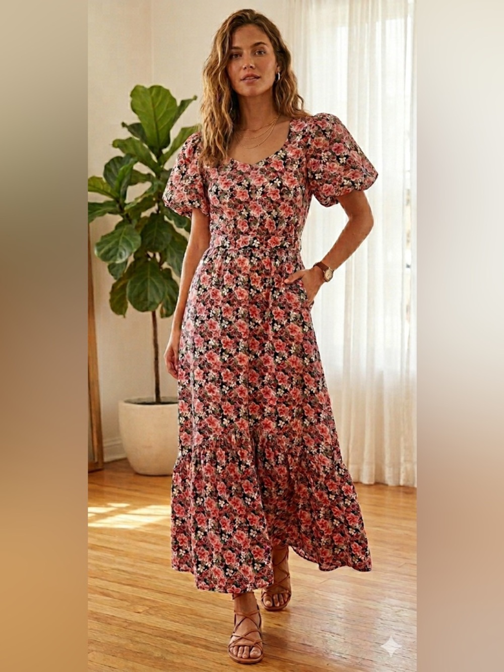 Sweet Salt Dress S Maxi Cherry Blossom Floral Cottage Core Puffed Sleeve